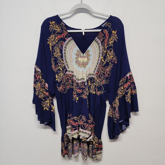 Free People Bohemian Tunic Top Size S V-Neck High Low Flare Sleeve Sunset Dreams - Picture 15 of 16
